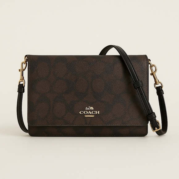 NWT Coach Signature Leather Crossbody – Brown/Black Clutch - Picture 3 of 10